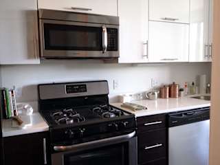 Microwave in modern kitchen at 68 Beale Apartments, Quincy, MA